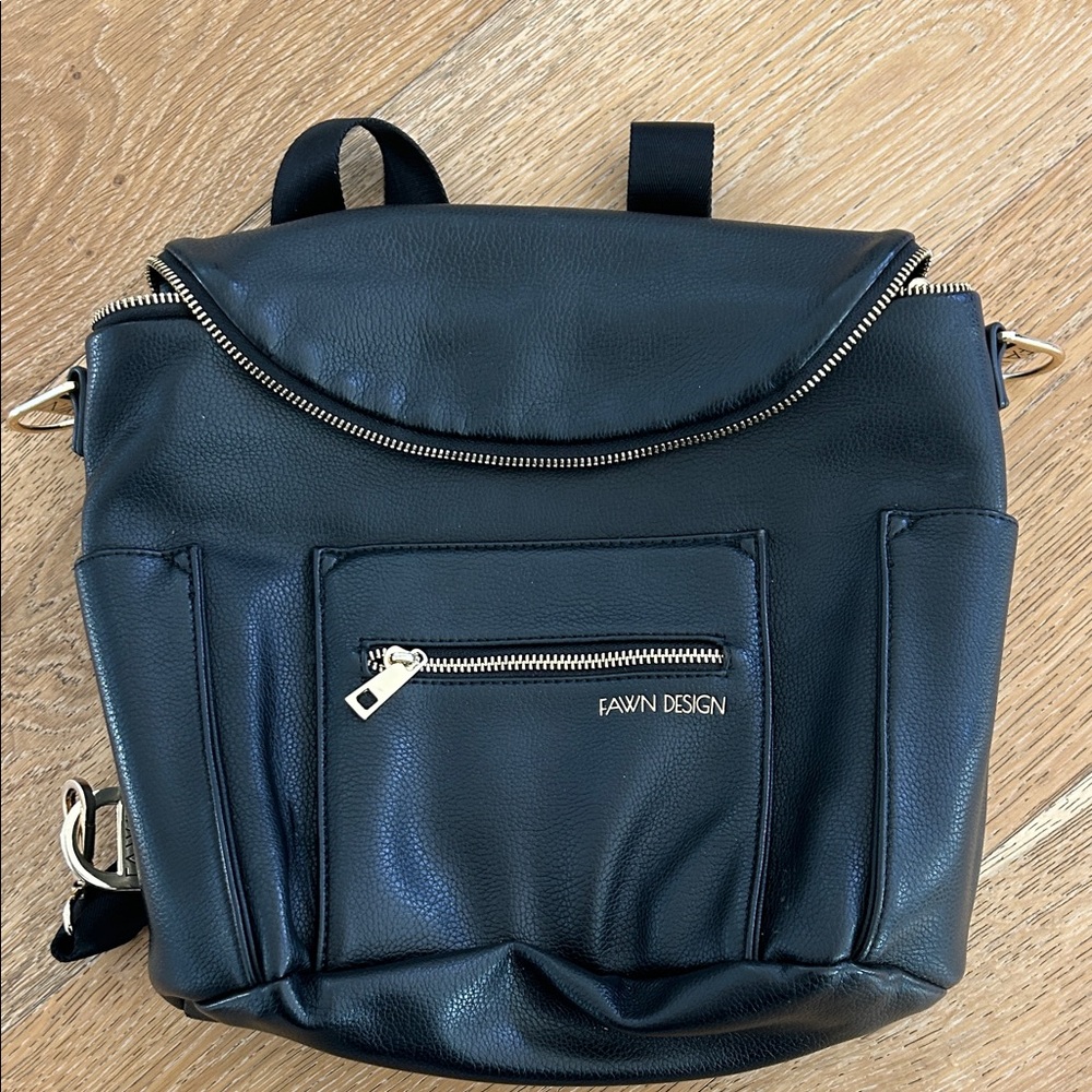 Fawn Design Black Leather Diaper Bag Backpack with Gold Accents